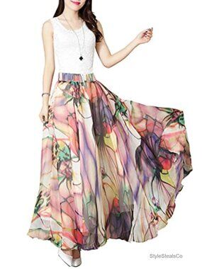 Women Floral Long Chiffon Skirt High Waisted Maxi Summer Beach